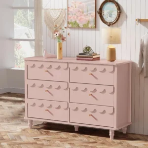 Girls Scalloped Organizer Storage with Drawers, Pink 6 Drawer Dresser for Bedroom, Modern Wide Chest of Drawers, Fluted Petal P